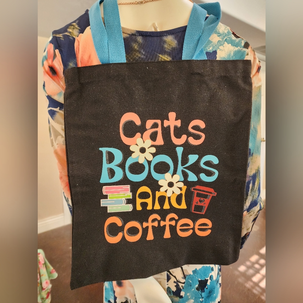 Cats Books and Coffee Black Canvas Tote Bag Blue Handles Reusable funny inspire